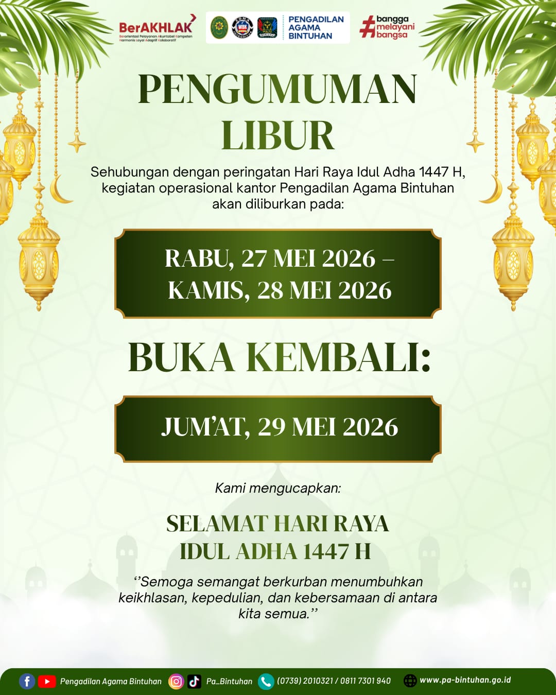 Pengumuman Libur Nasional dan Cuti Bersama Hari Raya Idul Adha 1447 H 2026 M Pengadilan Agama Bintuhan